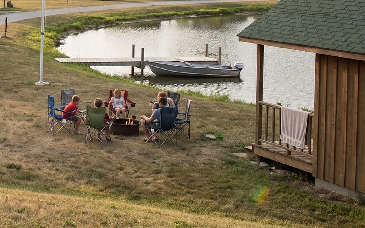 Two families sitting around a fire pit beside the lake with a fishing boat at the dock